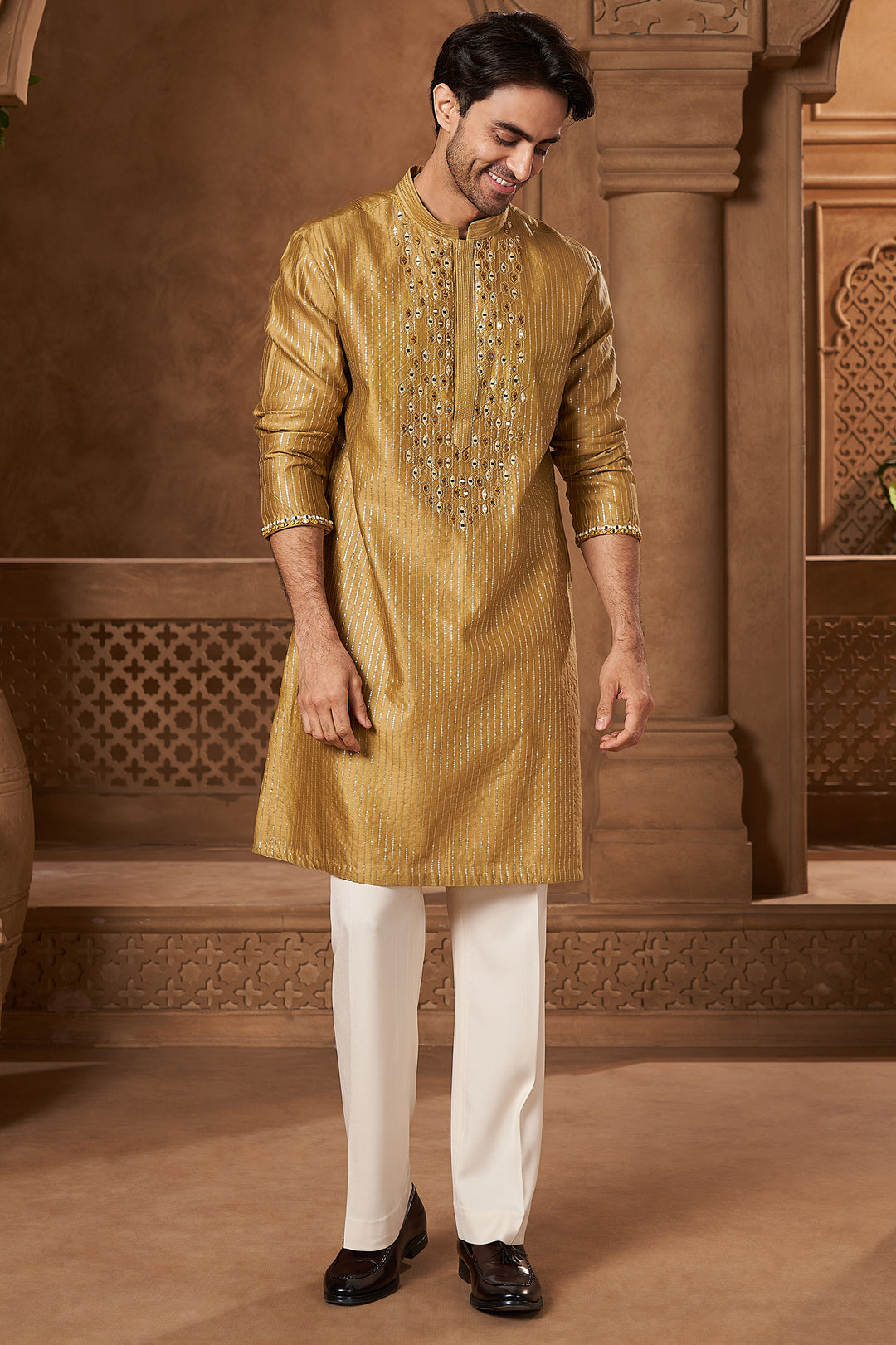 Mustard Chanderi Mirror Yoke Kurta Set