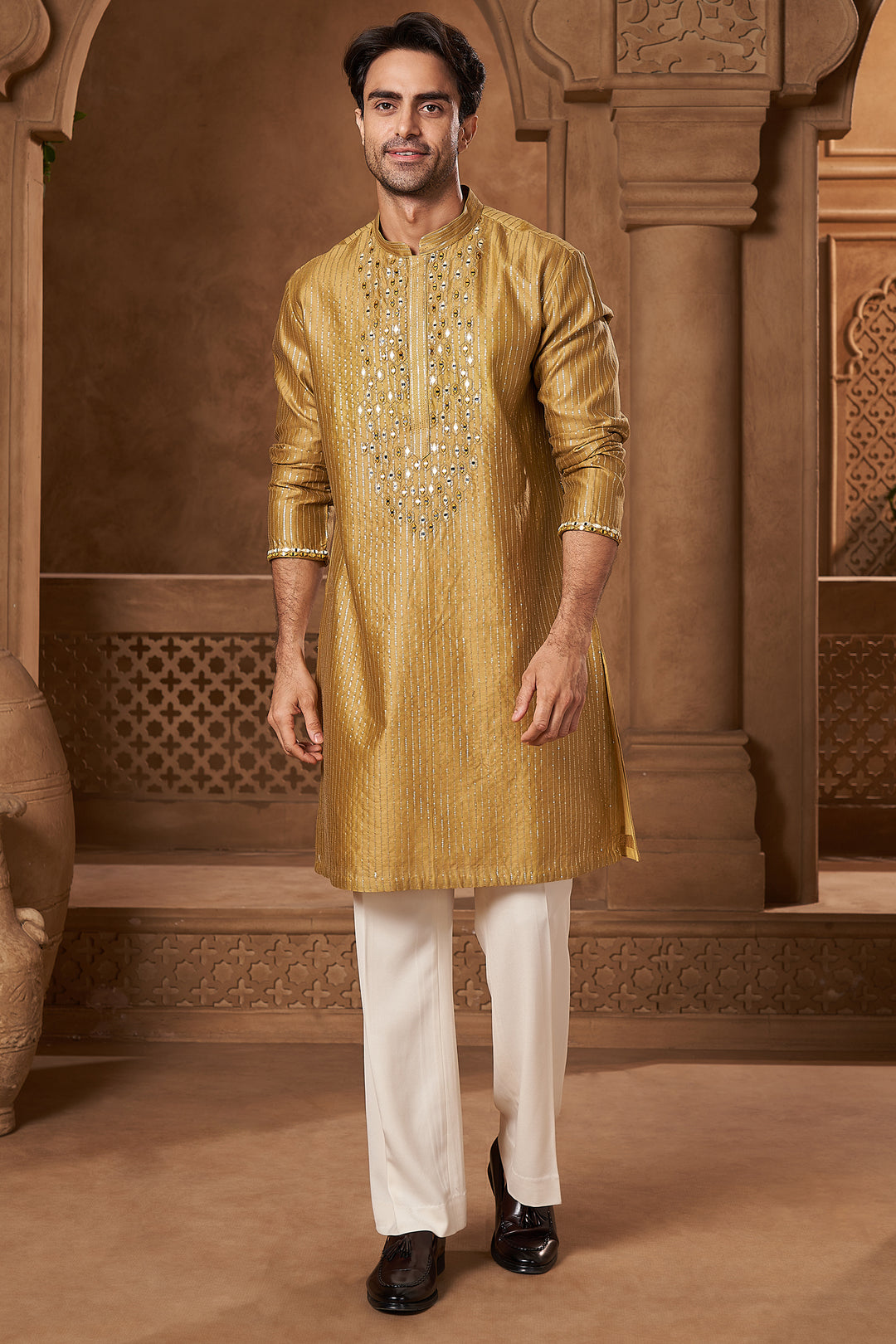 Mustard Chanderi Mirror Yoke Kurta Set