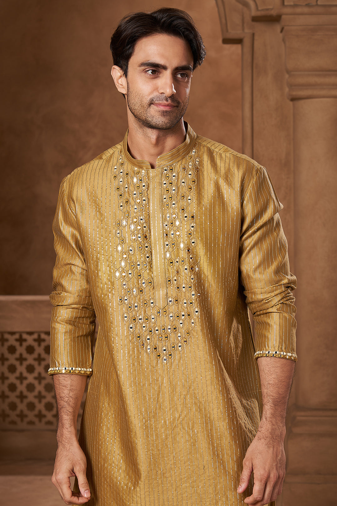 Mustard Chanderi Mirror Yoke Kurta Set