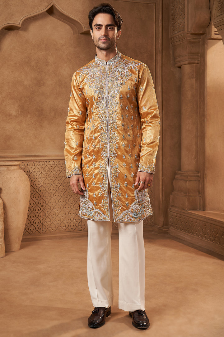 Mustard Gold Tissue Paisley Kurta Set