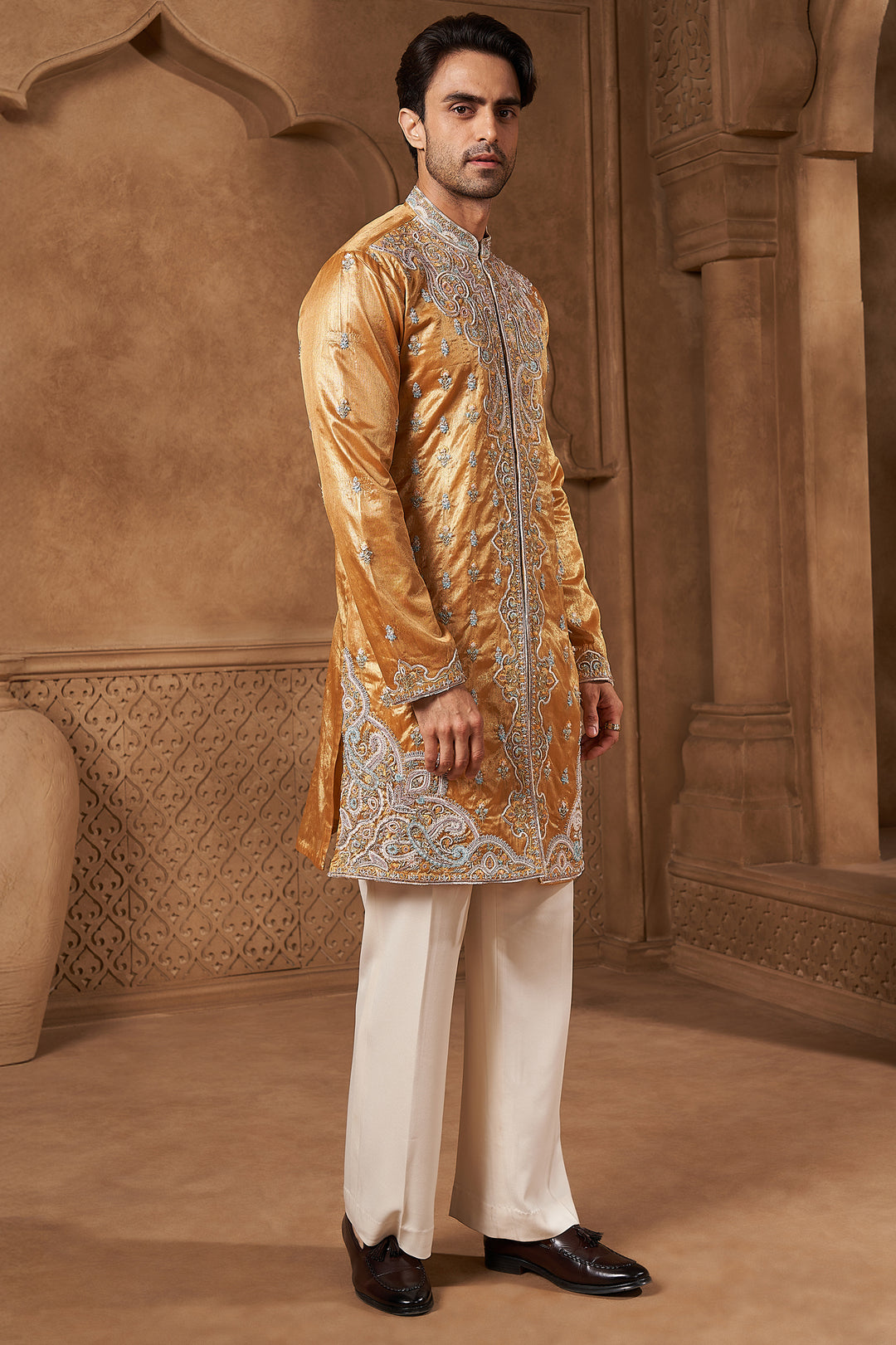 Mustard Gold Tissue Paisley Kurta Set