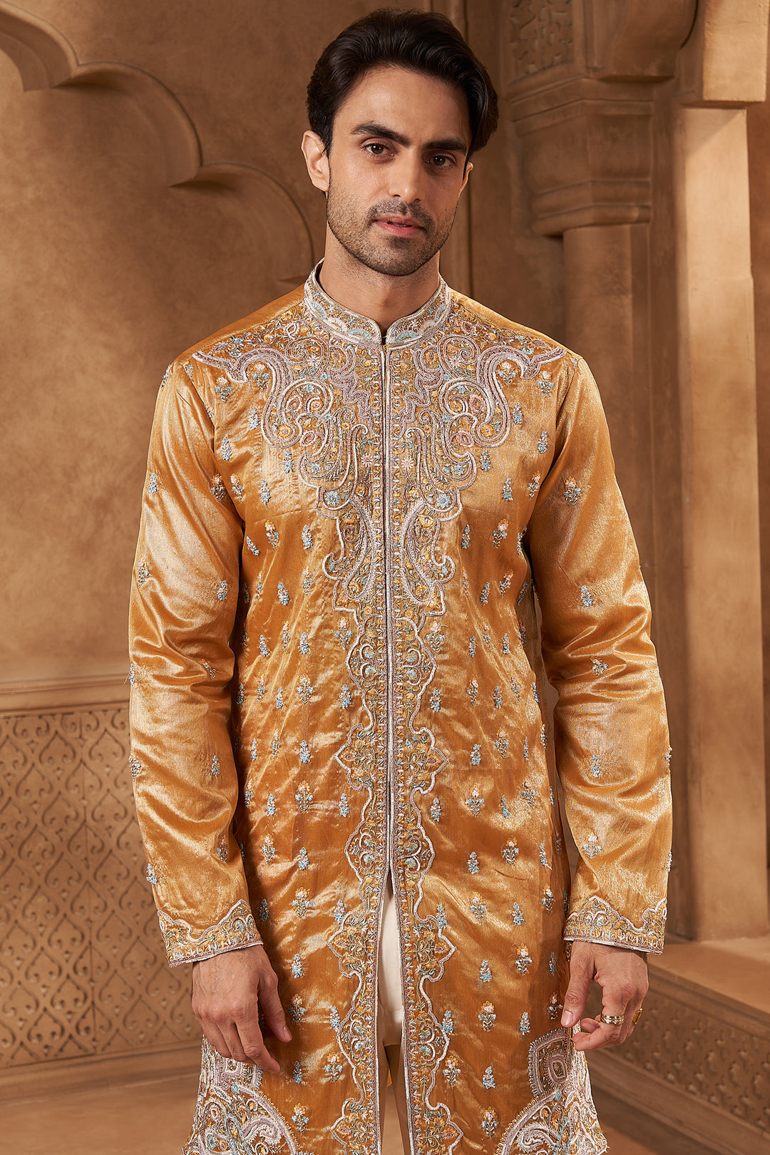 Mustard Gold Tissue Paisley Kurta Set