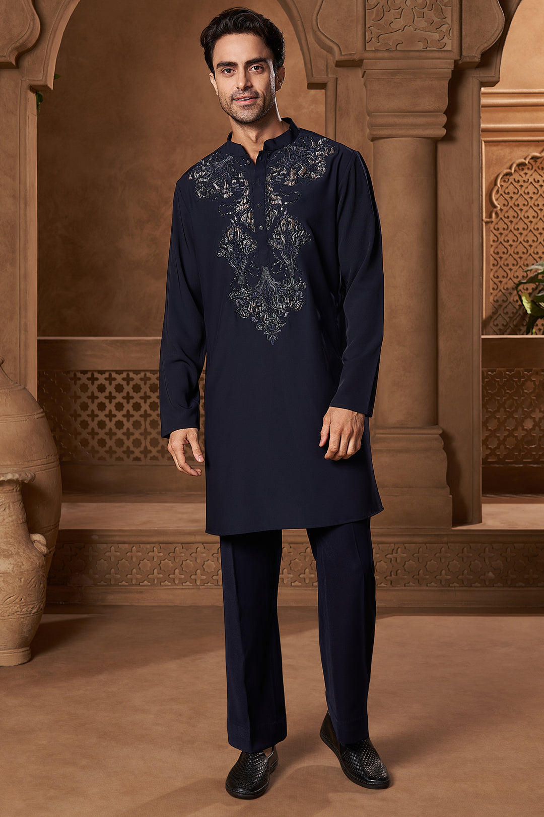 Navy Appliqué Yoke Kurta Set