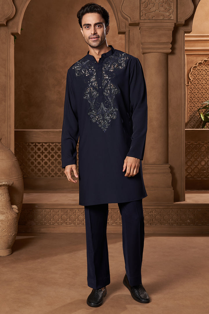 Navy Appliqué Yoke Kurta Set