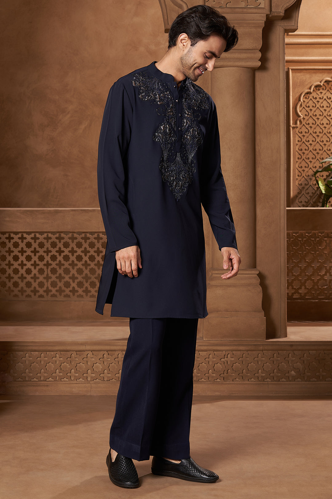 Navy Appliqué Yoke Kurta Set