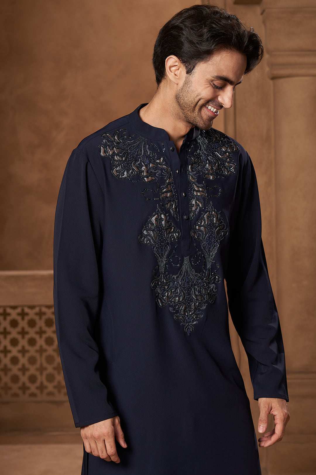 Navy Appliqué Yoke Kurta Set