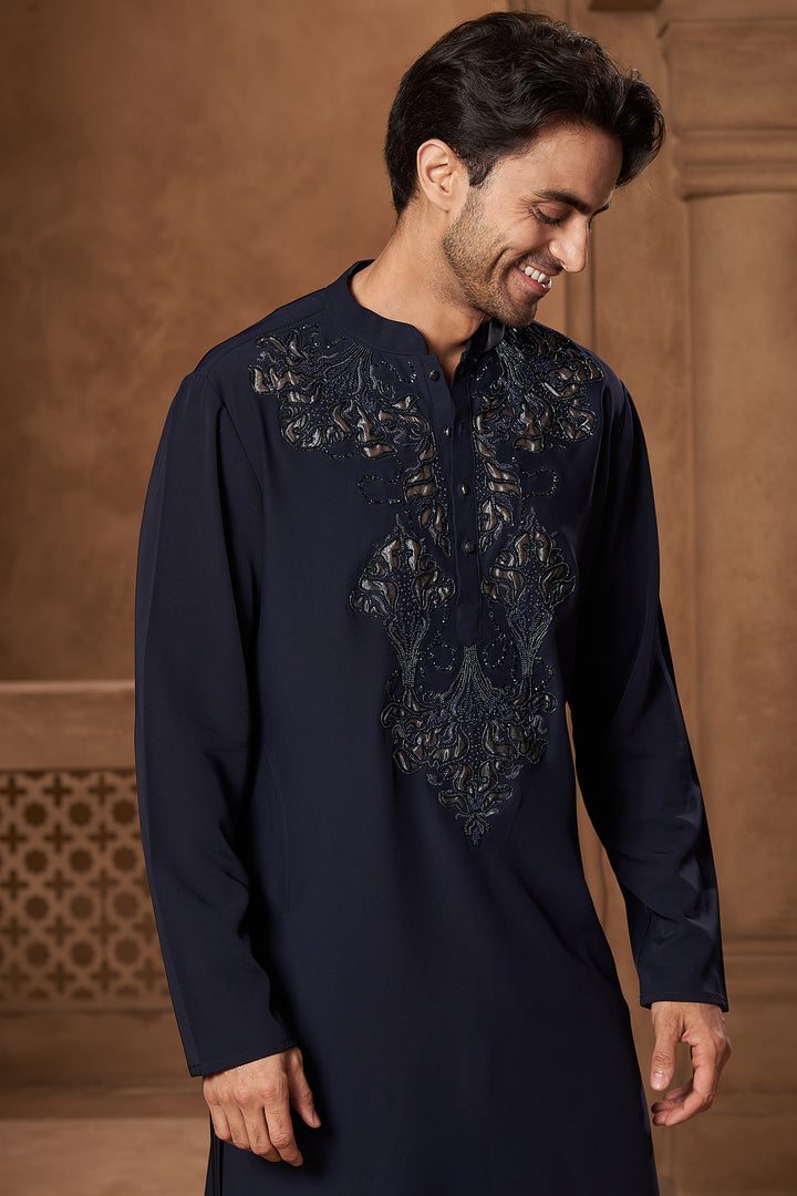 Navy Appliqué Yoke Kurta Set