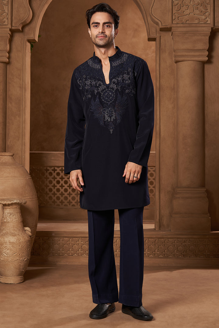 Navy V-Neck Ornamental Kurta Set
