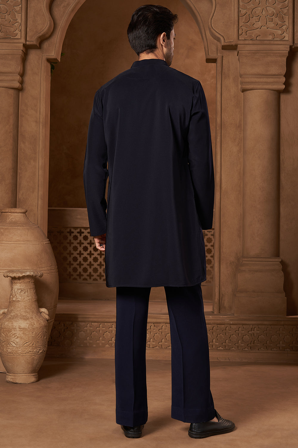 Navy V-Neck Ornamental Kurta Set