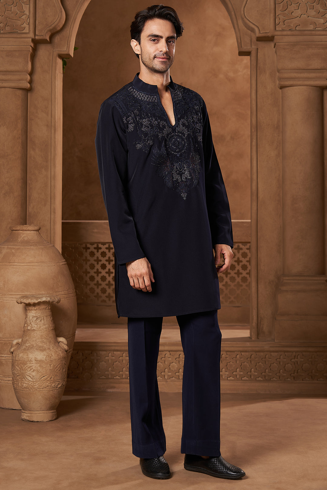 Navy V-Neck Ornamental Kurta Set