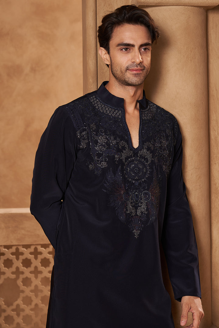 Navy V-Neck Ornamental Kurta Set