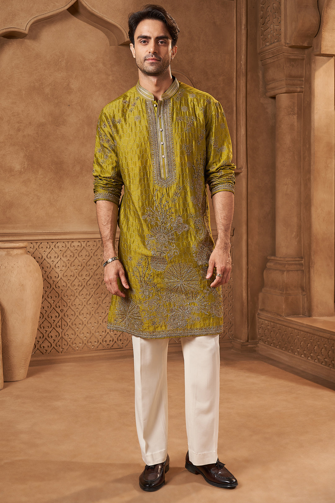 Olive Green Tissue Zari Floral Kurta Set