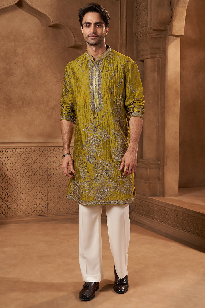 Olive Green Tissue Zari Floral Kurta Set
