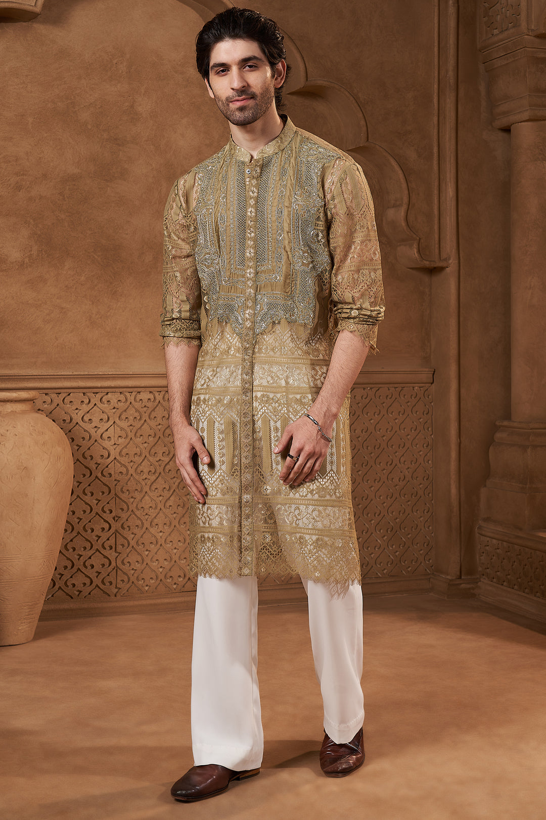 Olive Lace Kurta Set with Embellished Yoke