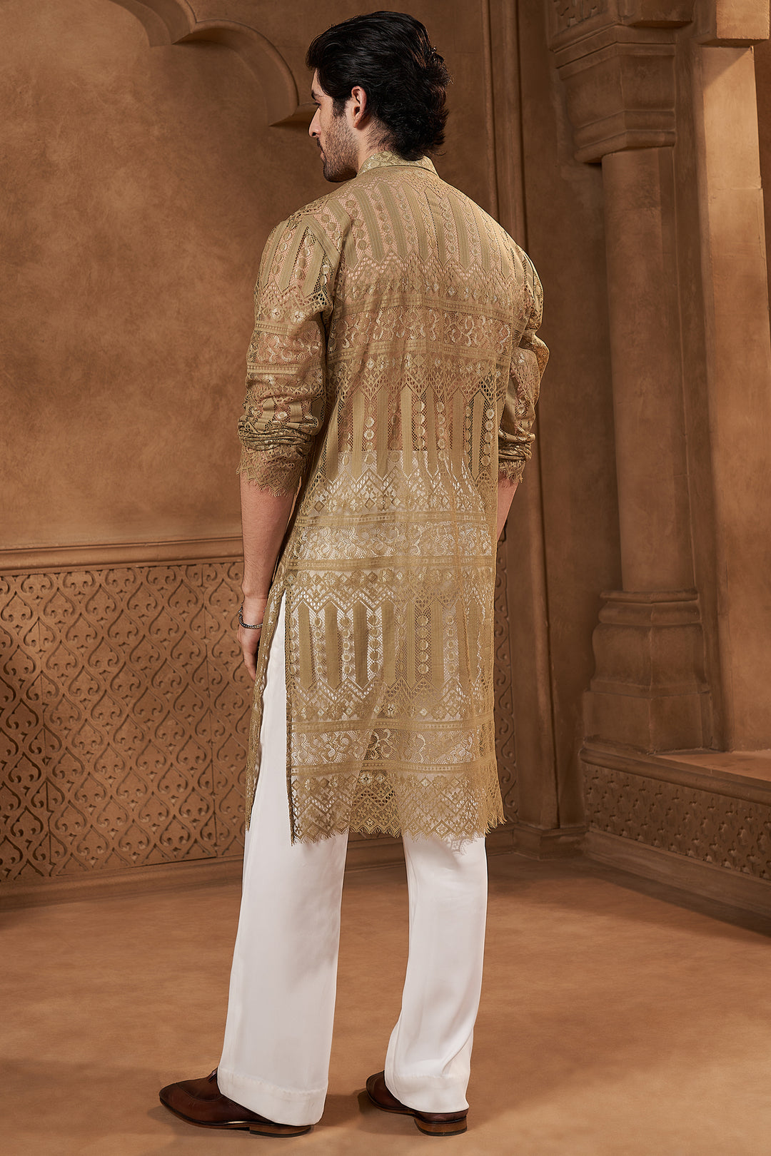 Olive Lace Kurta Set with Embellished Yoke