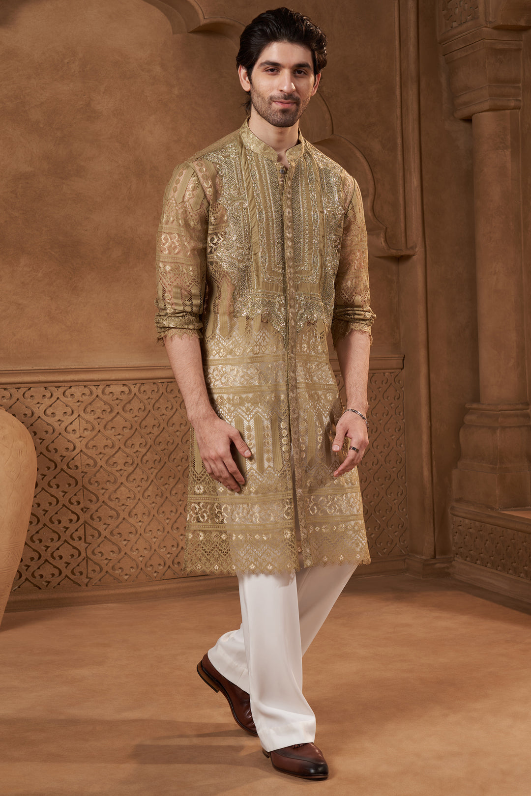 Olive Lace Kurta Set with Embellished Yoke
