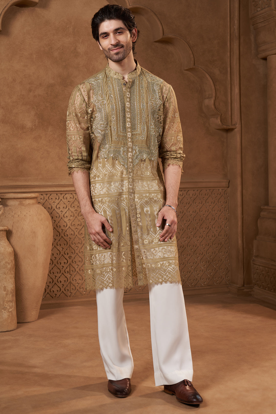 Olive Lace Kurta Set with Embellished Yoke