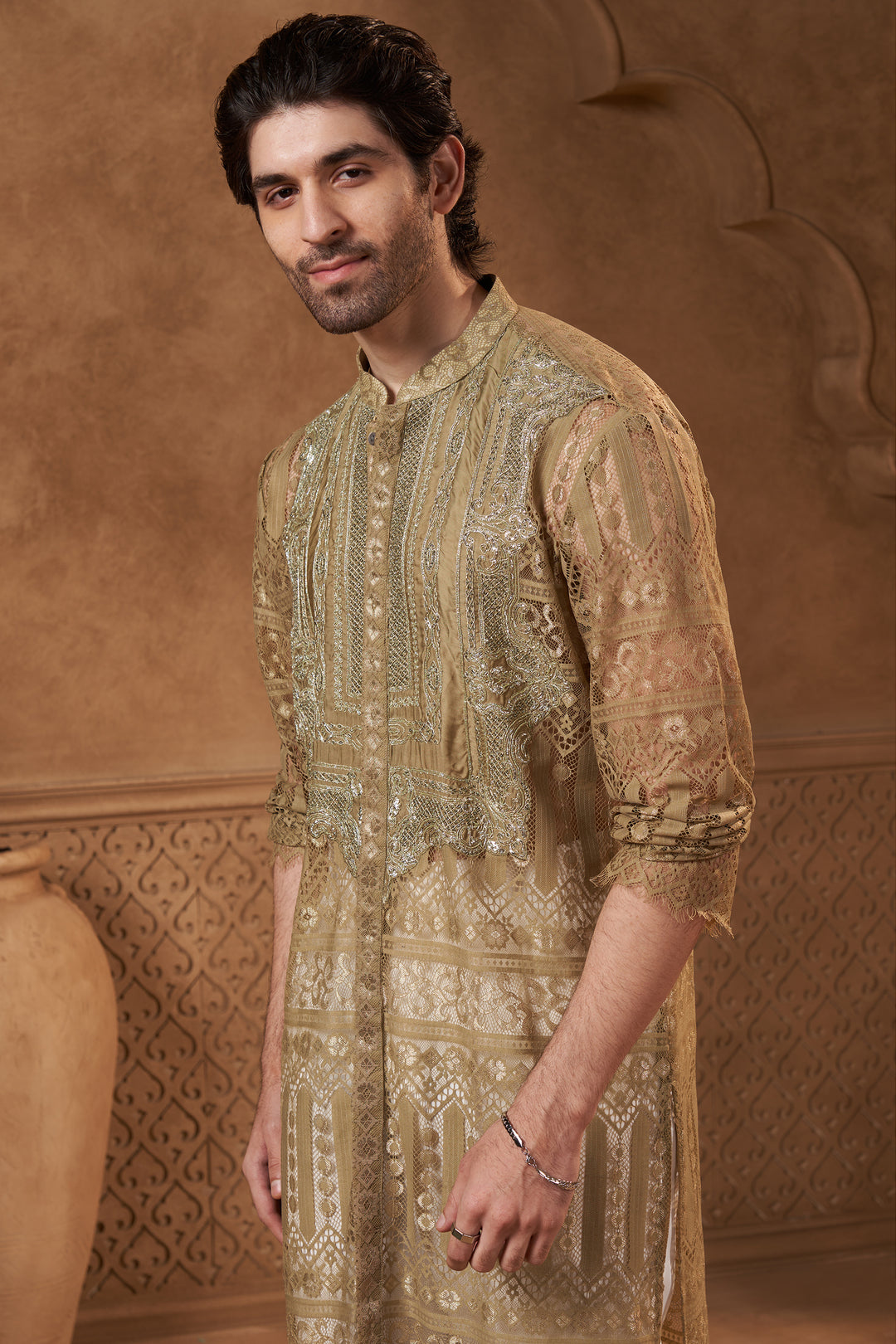 Olive Lace Kurta Set with Embellished Yoke