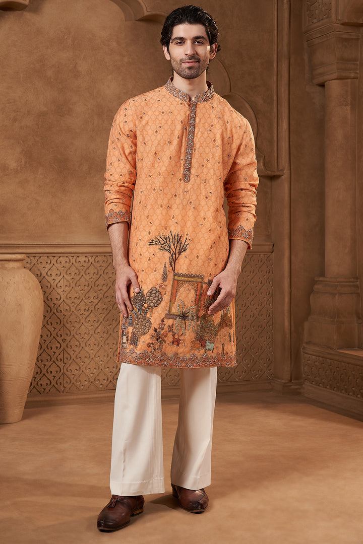 Orange Chanderi Tropical Art Kurta Set
