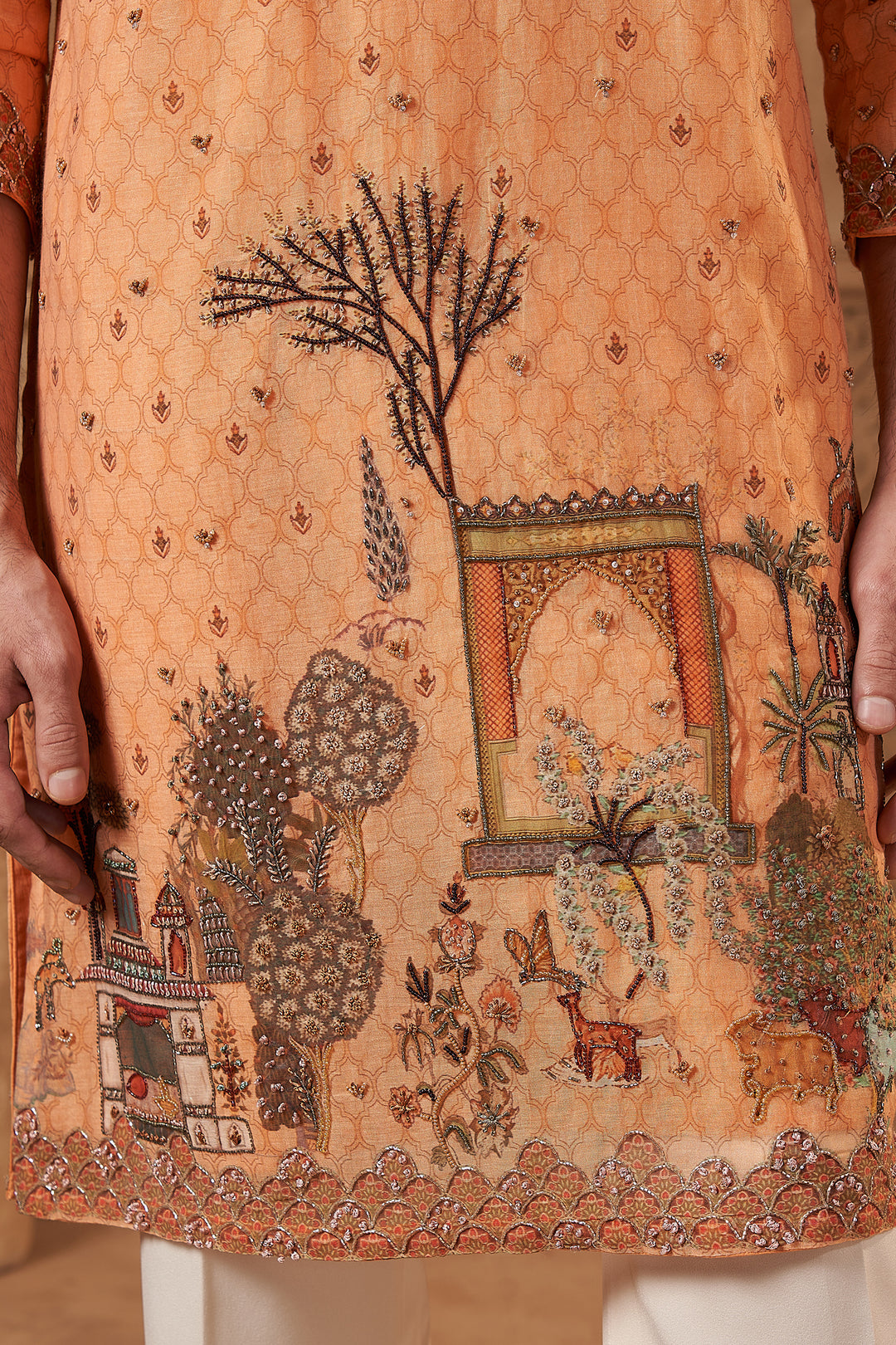 Orange Chanderi Tropical Art Kurta Set