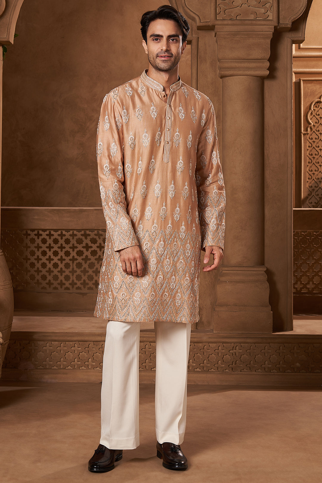 Peach Chanderi Resham Motif Kurta Set