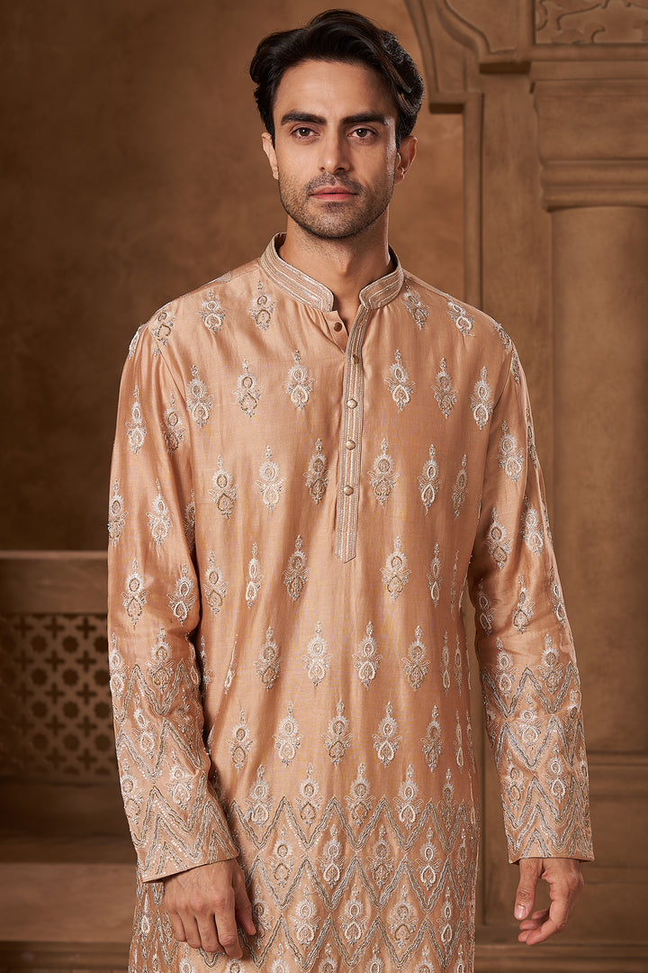 Peach Chanderi Resham Motif Kurta Set