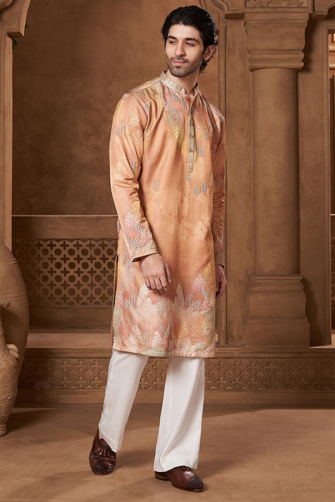 Peach Linen Satin Watercolour Kurta Set