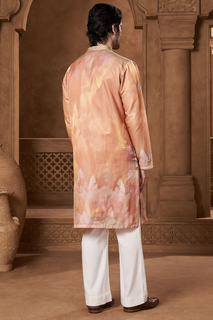Peach Linen Satin Watercolour Kurta Set