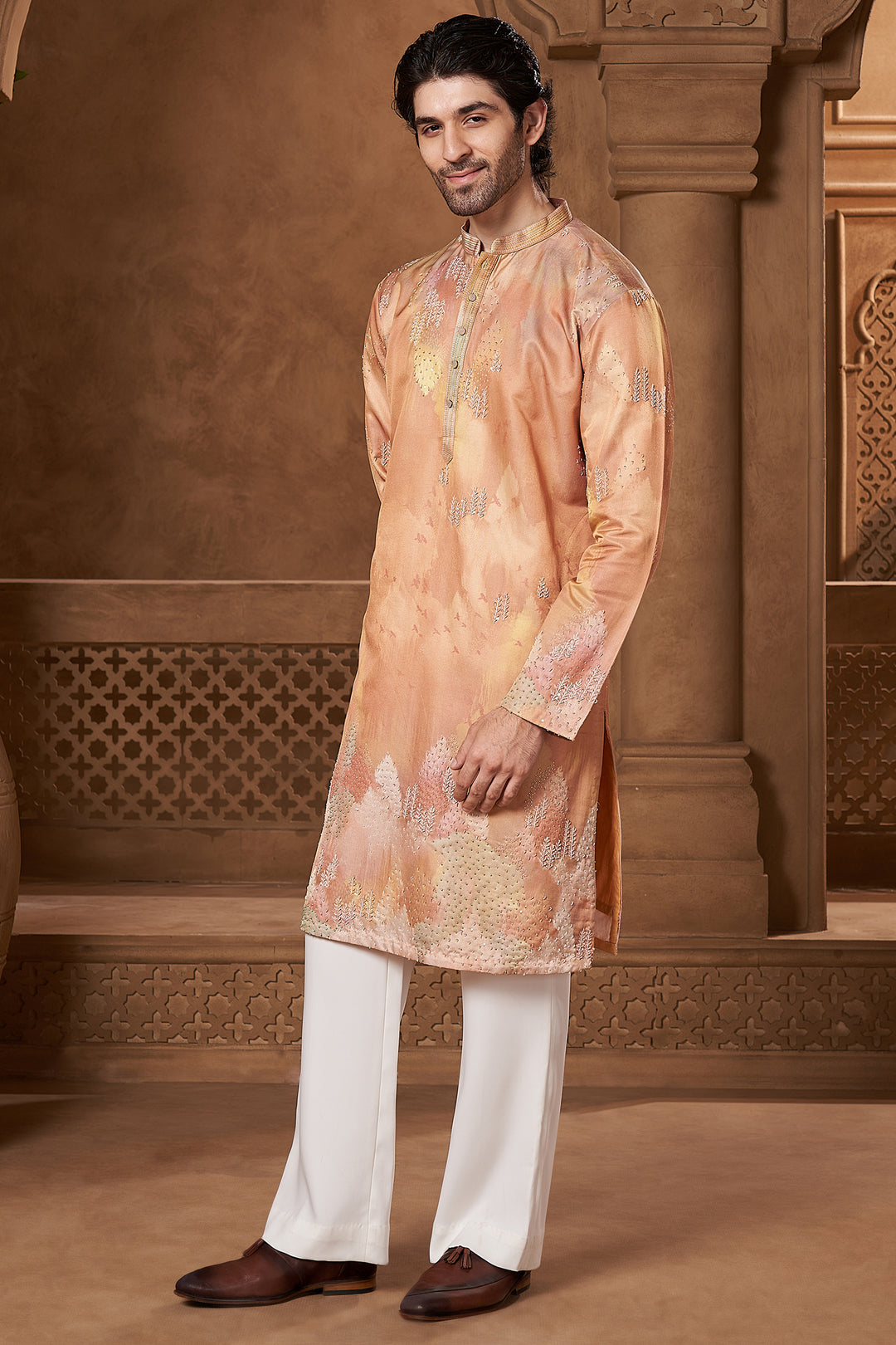 Peach Linen Satin Watercolour Kurta Set