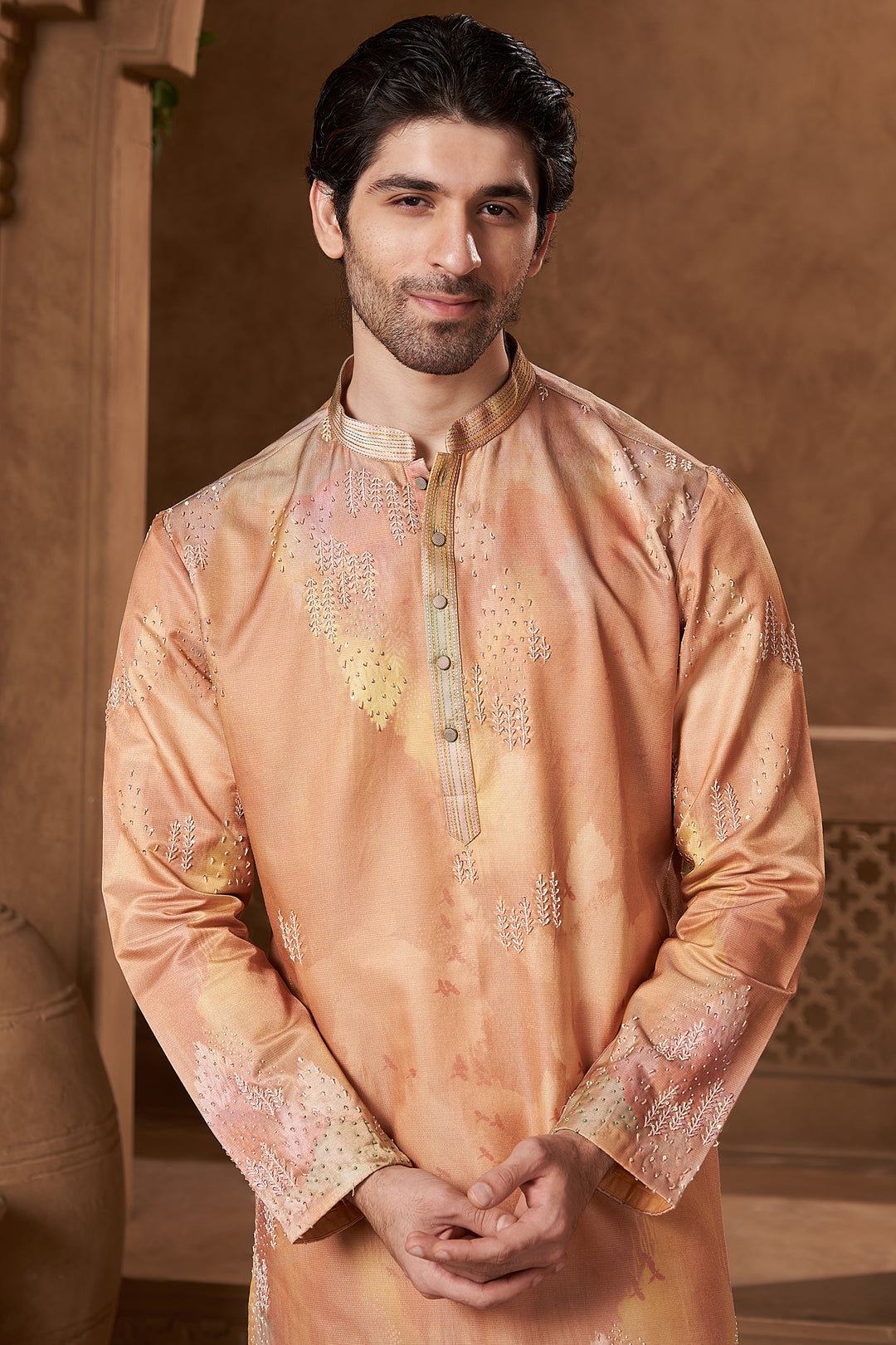 Peach Linen Satin Watercolour Kurta Set