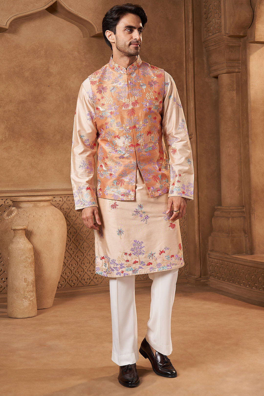 Peach Raw Silk Tropical Bundi Set