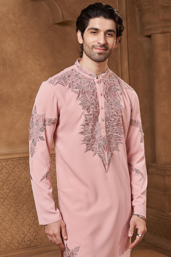 Pink Lachka Laser Cutwork Yoke Kurta Set