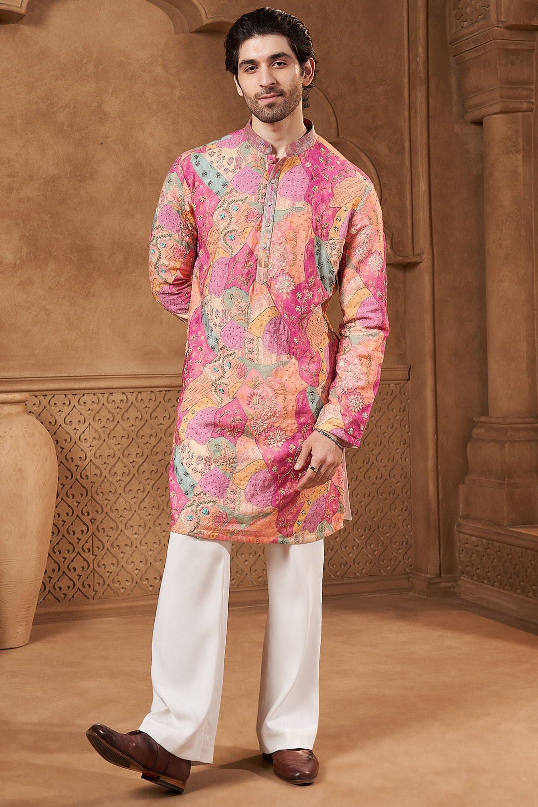 Pink Raw Silk Floral Print Kurta Set
