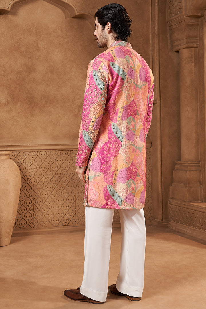 Pink Raw Silk Floral Print Kurta Set
