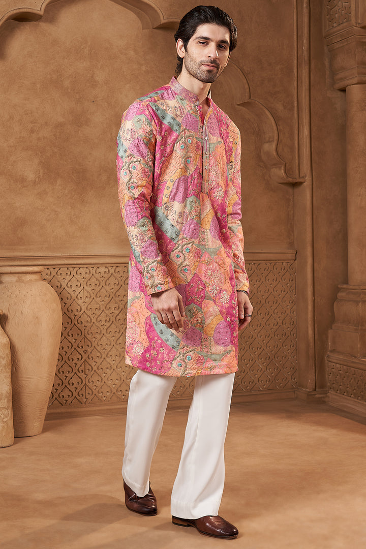 Pink Raw Silk Floral Print Kurta Set