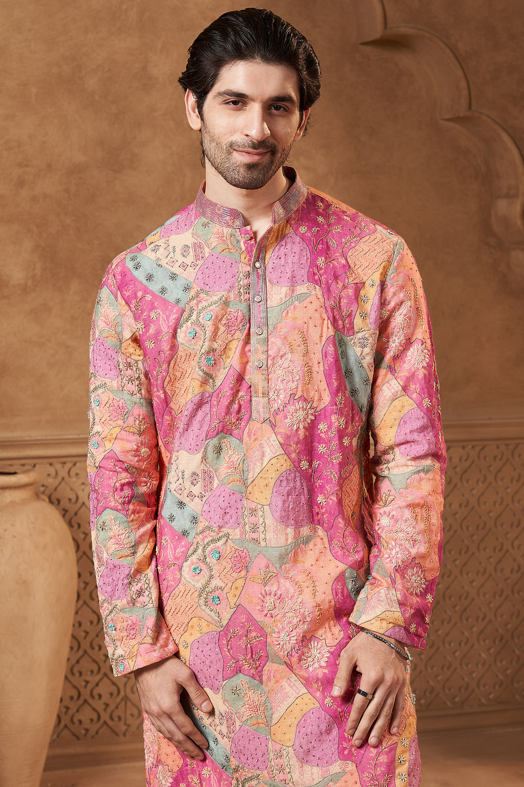 Pink Raw Silk Floral Print Kurta Set