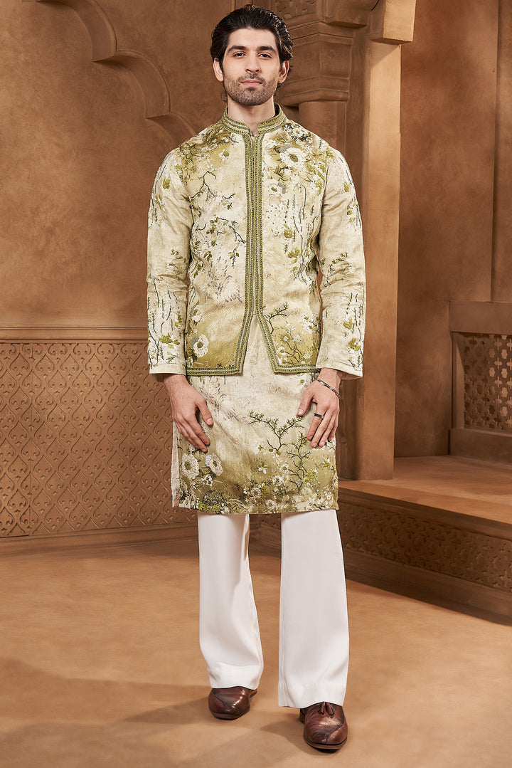 Pistachio Linen Tropical Print Bundi Set