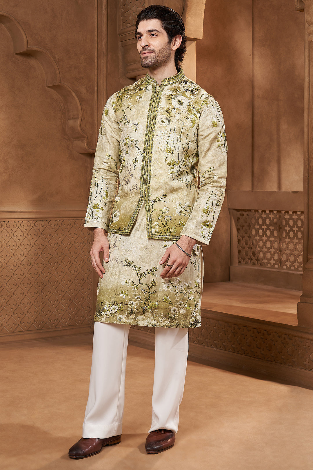 Pistachio Linen Tropical Print Bundi Set