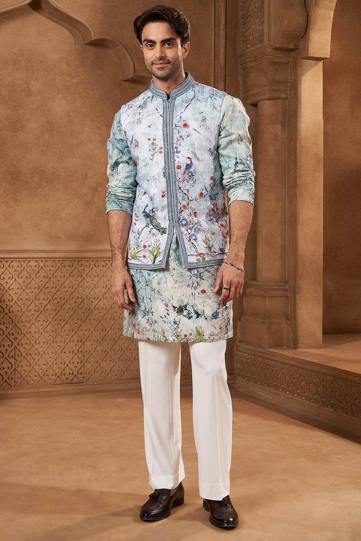 Powder Blue Linen Tropical Animal Print Bundi Set