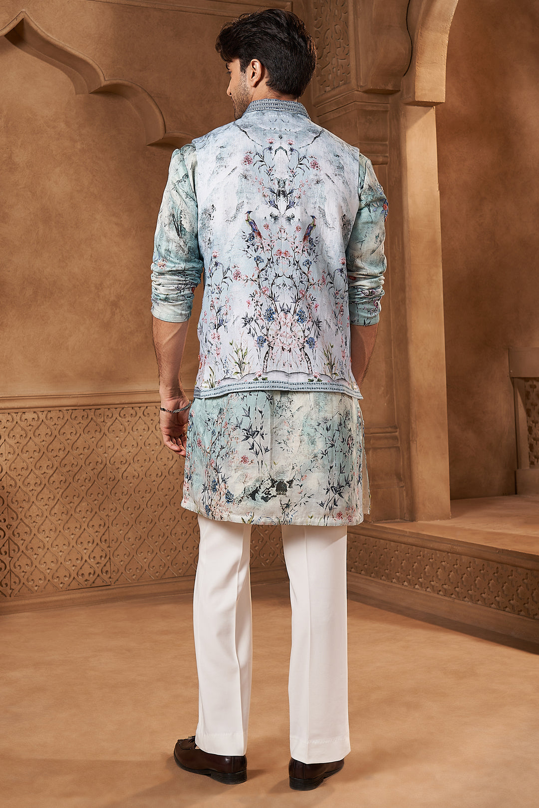 Powder Blue Linen Tropical Animal Print Bundi Set