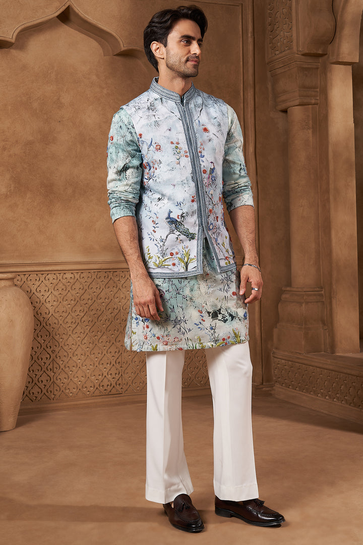 Powder Blue Linen Tropical Animal Print Bundi Set