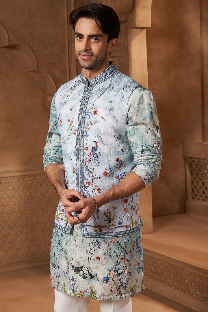 Powder Blue Linen Tropical Animal Print Bundi Set