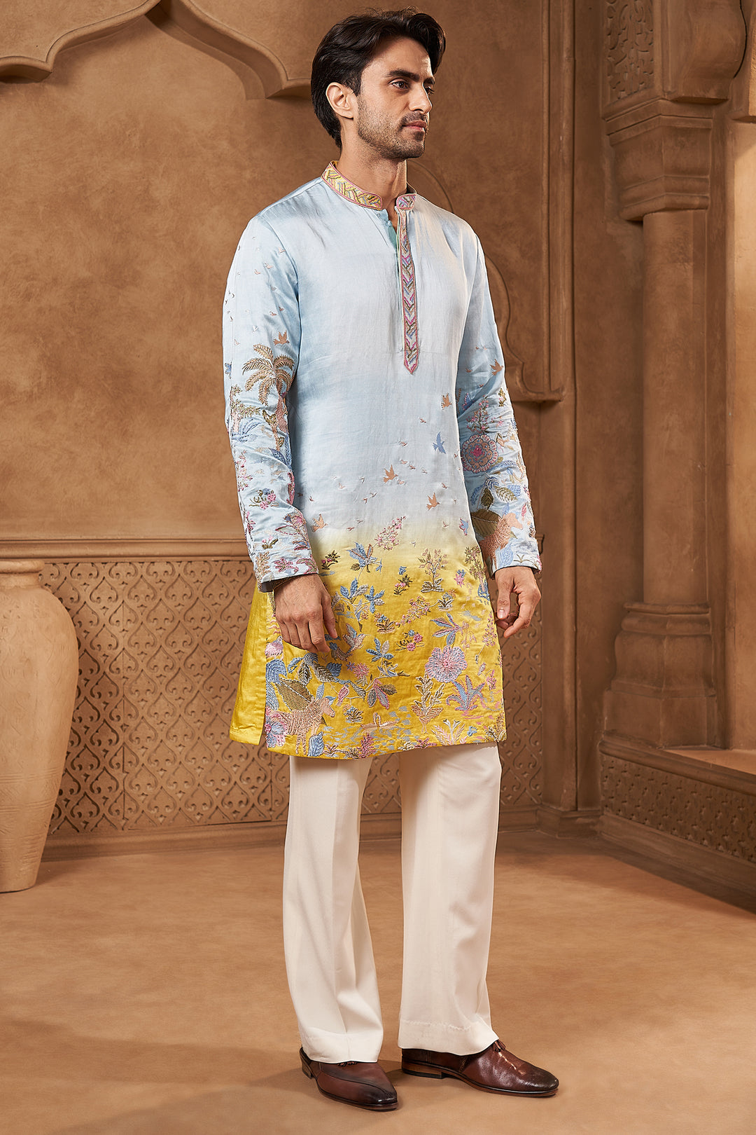 Powder Blue Ombre Floral Kurta Set