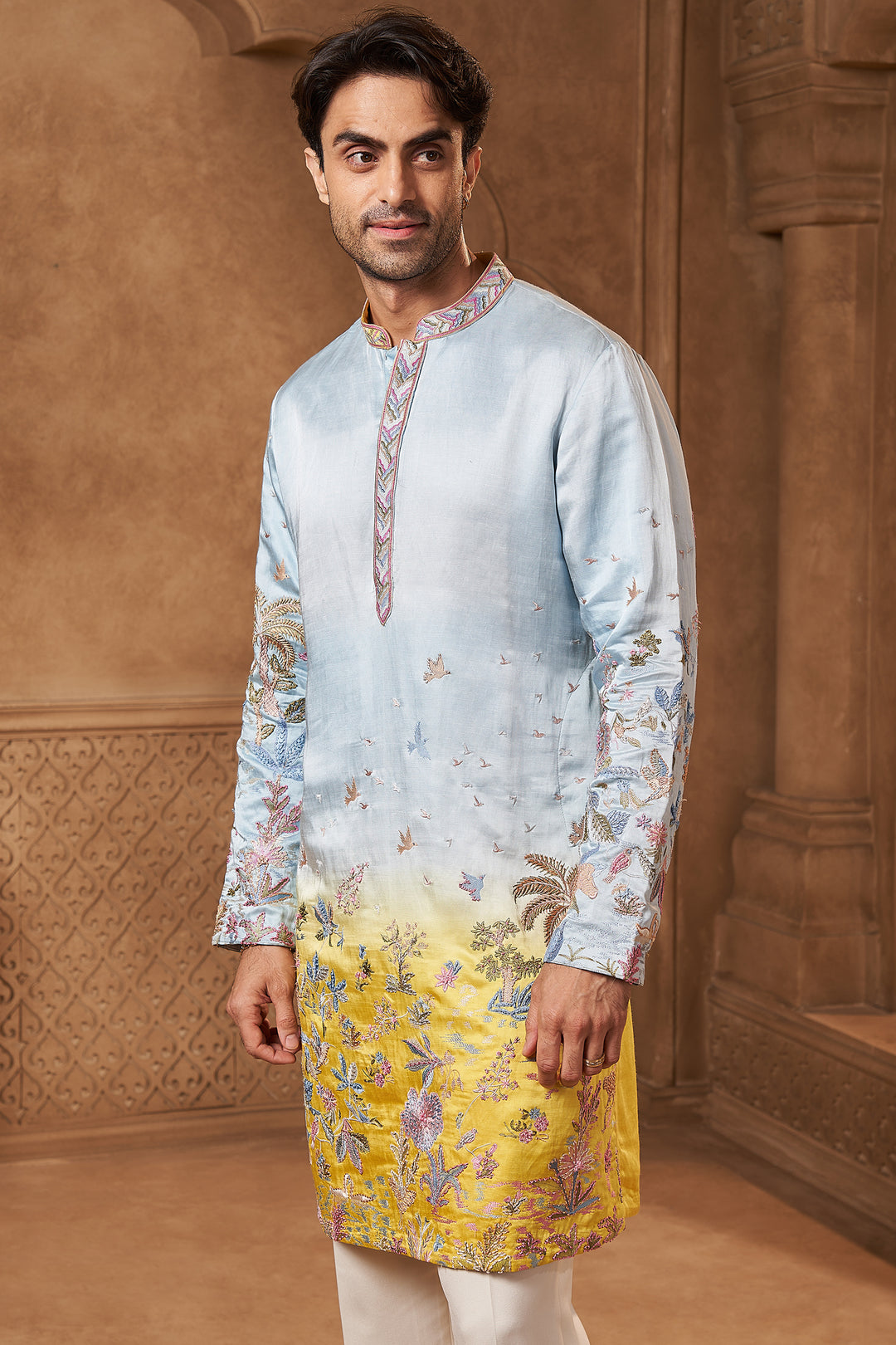Powder Blue Ombre Floral Kurta Set