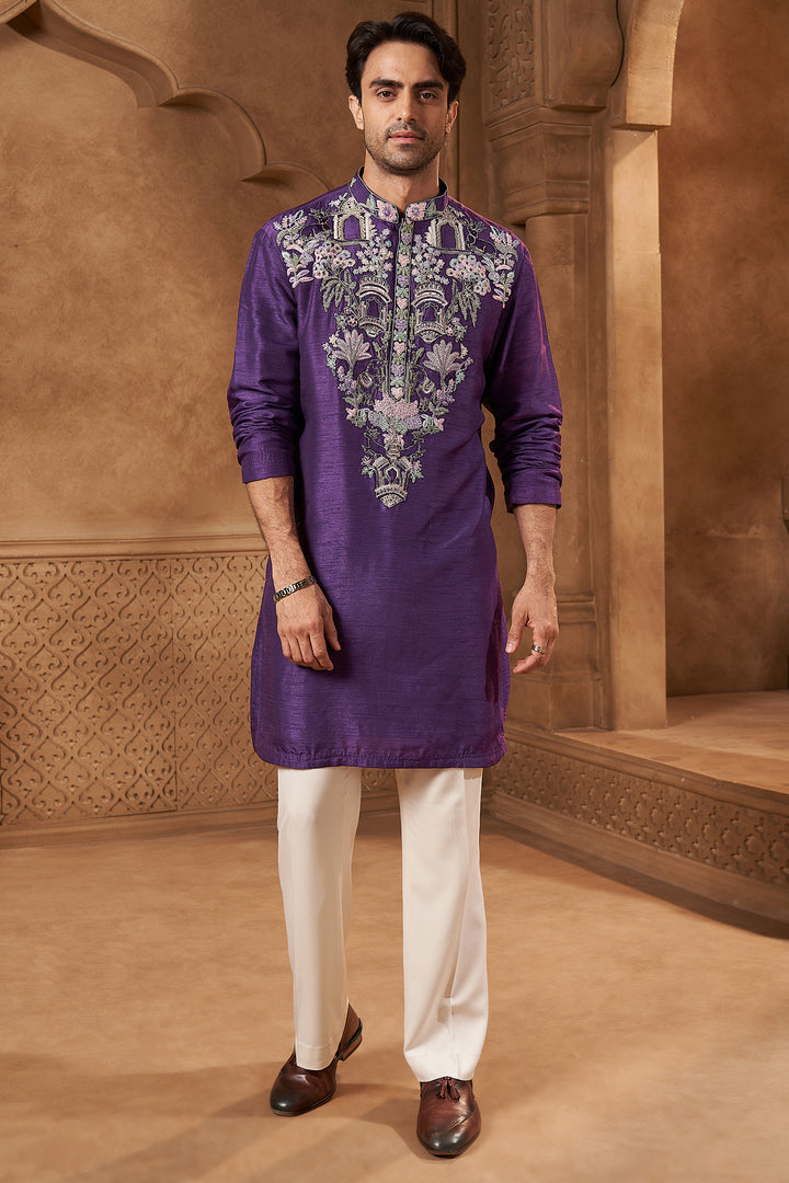 Purple Raw Silk Tropical Yoke Kurta Set