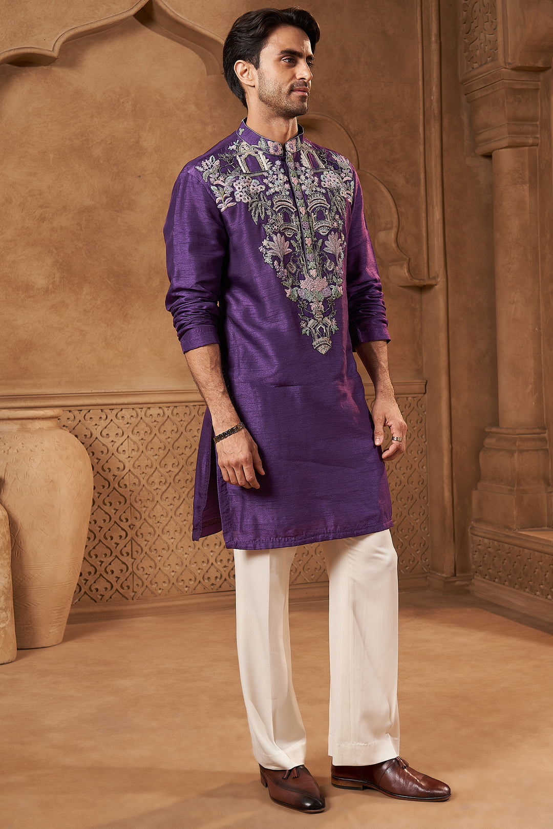 Purple Raw Silk Tropical Yoke Kurta Set