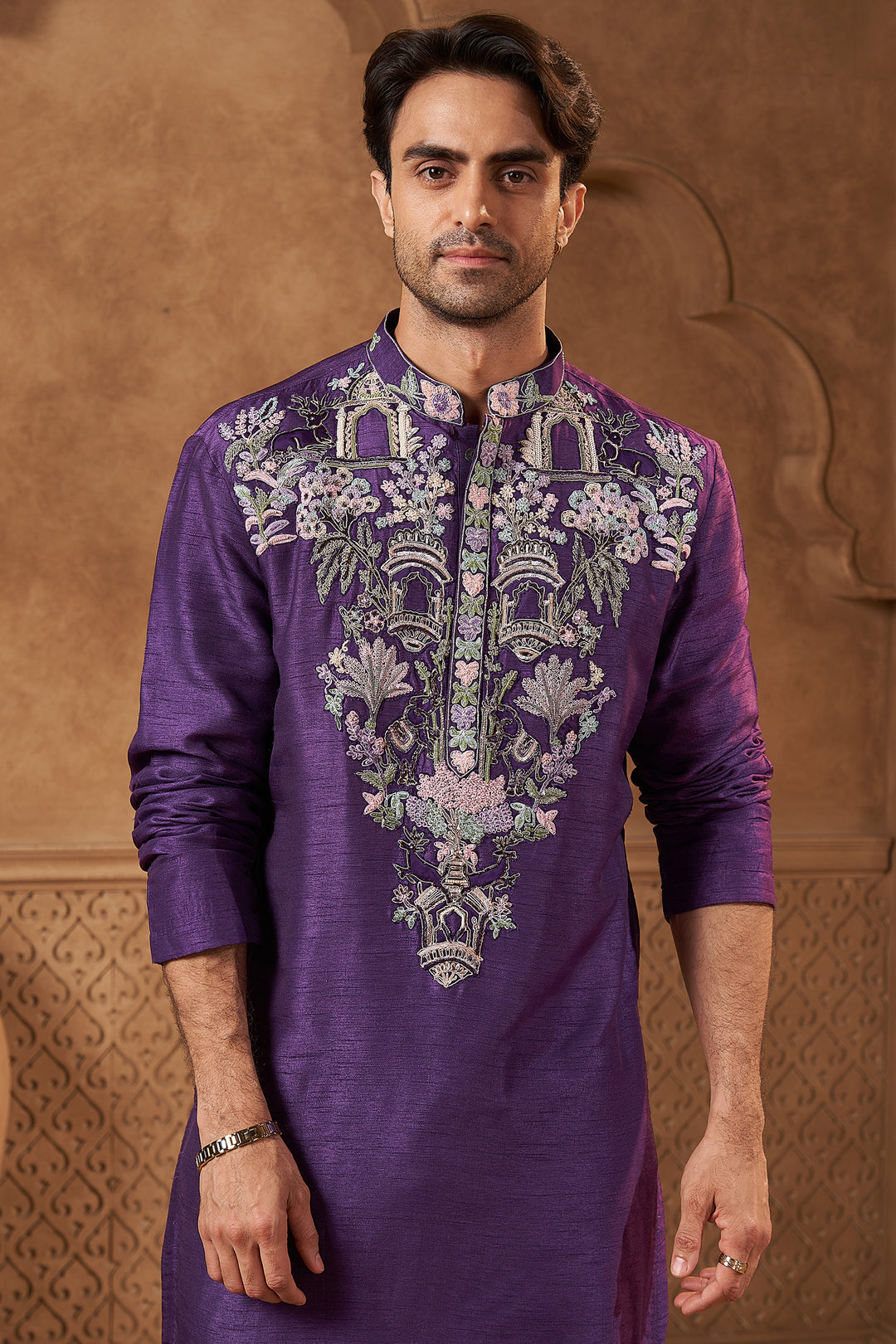 Purple Raw Silk Tropical Yoke Kurta Set