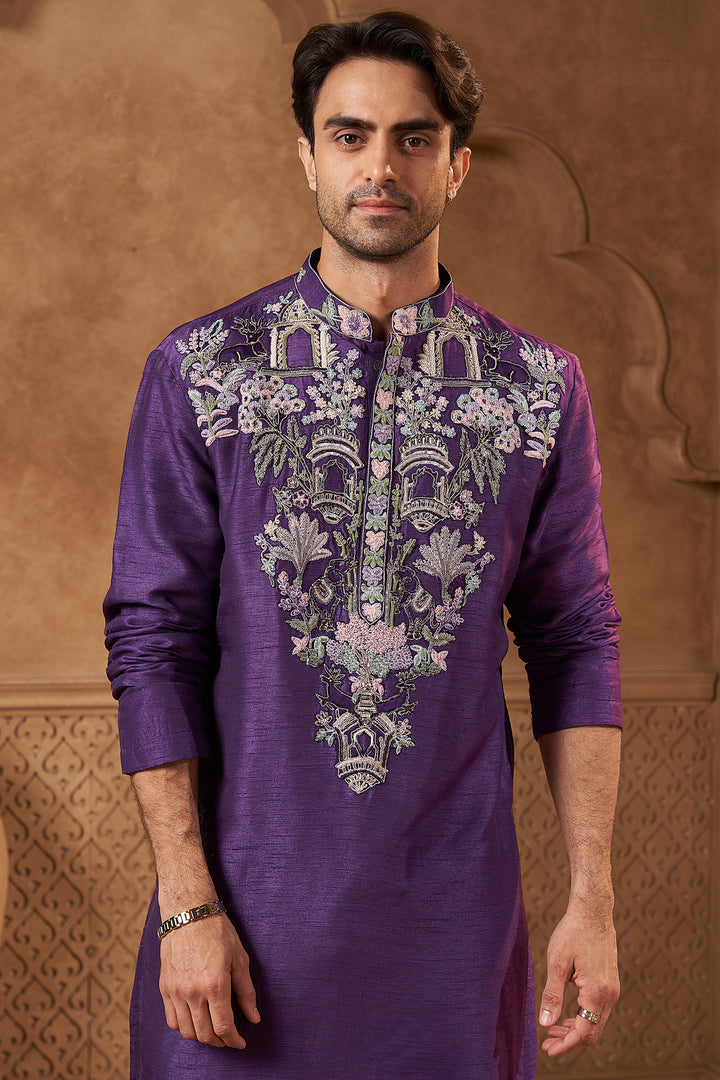 Purple Raw Silk Tropical Yoke Kurta Set