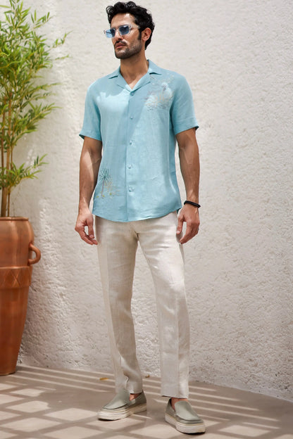Sky Blue Cuban Embroidered Tropical Shirt