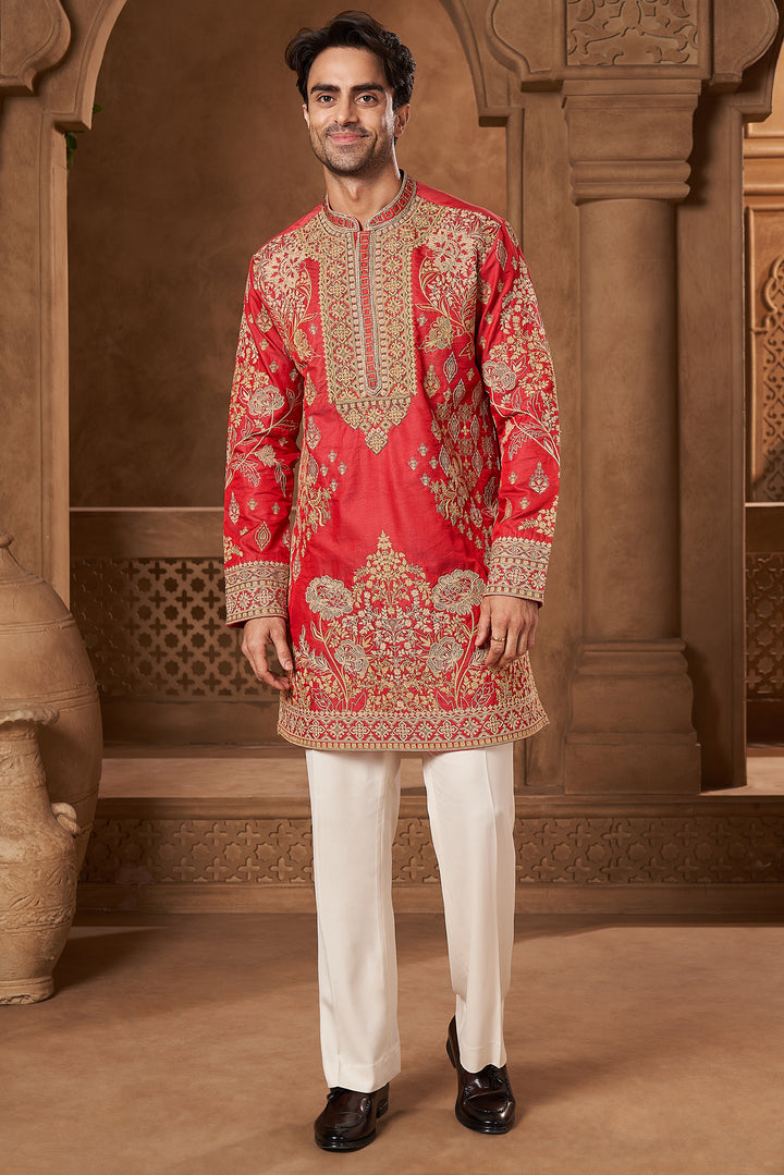 Red Chanderi Mirror Work Kurta Set